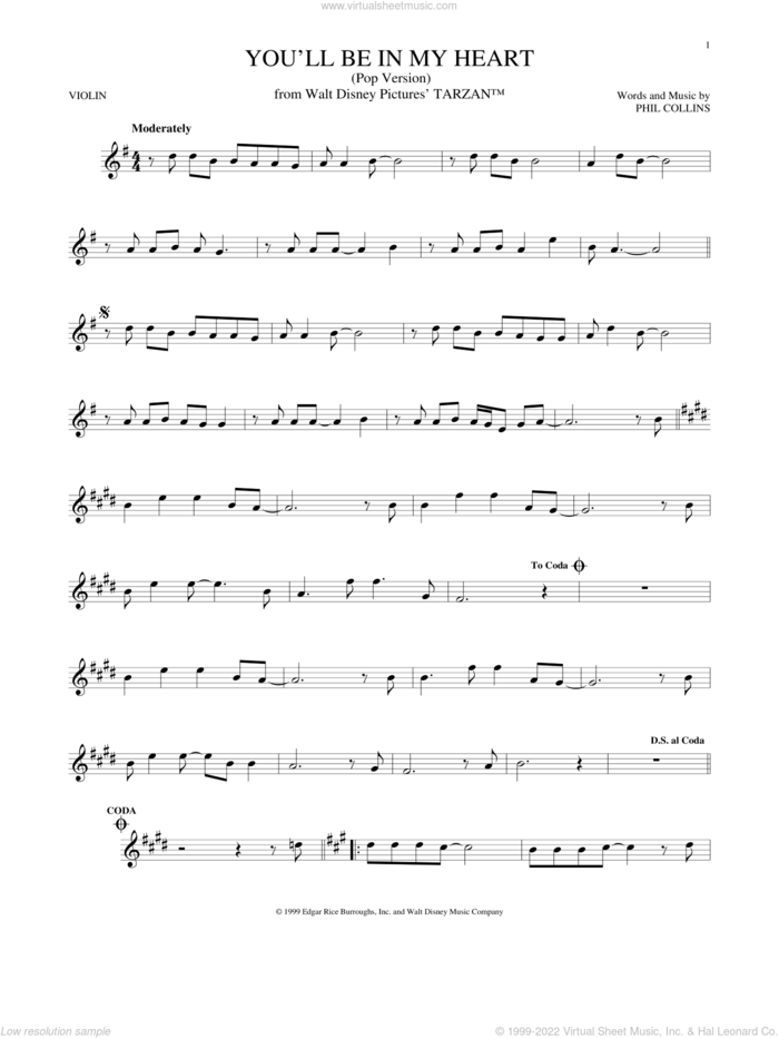 You'll Be In My Heart (Pop Version) (from Tarzan) sheet music for violin solo by Phil Collins, intermediate skill level