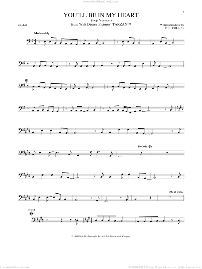 You'll Be In My Heart (Pop Version) (from Tarzan) sheet music for cello solo by Phil Collins, intermediate skill level