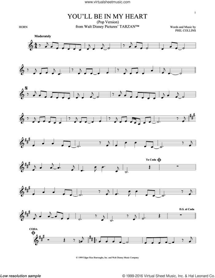 You'll Be In My Heart (Pop Version) (from Tarzan) sheet music for horn solo by Phil Collins, intermediate skill level