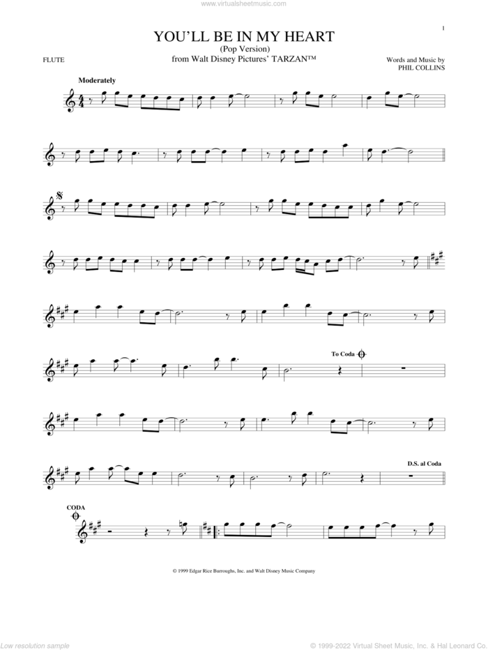 You'll Be In My Heart (Pop Version) (from Tarzan) sheet music for flute solo by Phil Collins, intermediate skill level