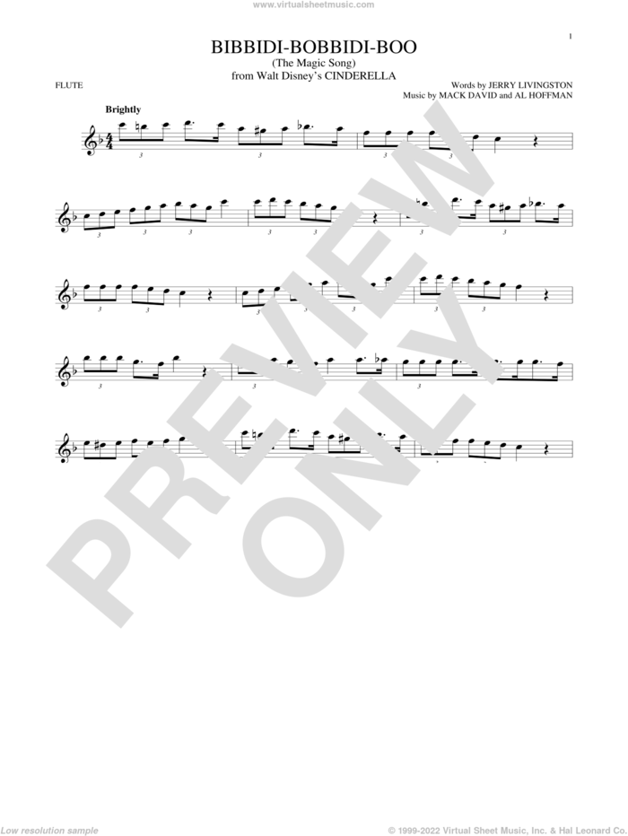 Bibbidi-Bobbidi-Boo (The Magic Song) (from Cinderella) sheet music for flute solo by Verna Felton, Al Hoffman, Jerry Livingston and Mack David, intermediate skill level