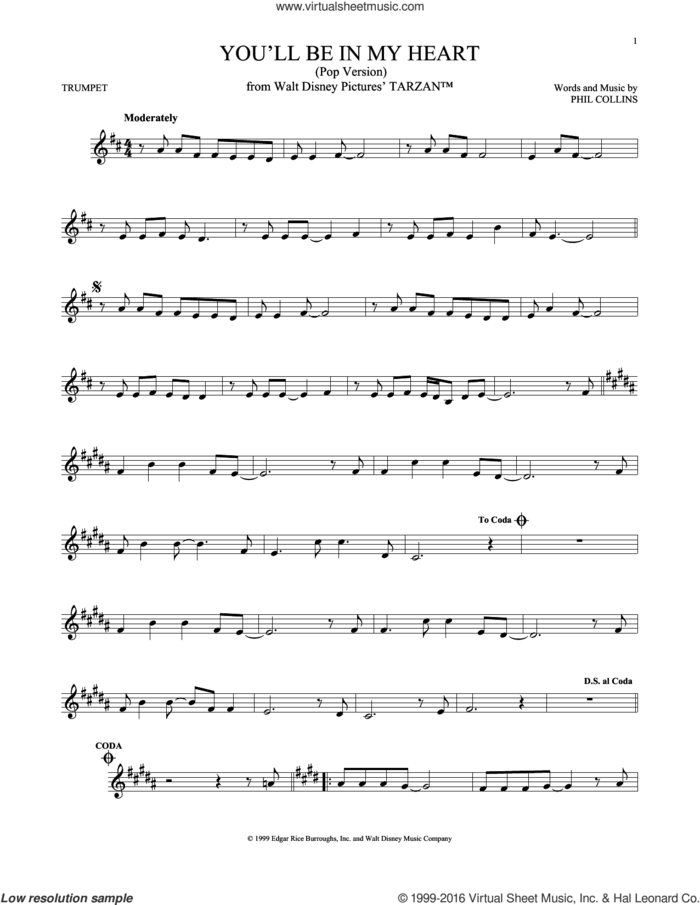 You'll Be In My Heart (Pop Version) (from Tarzan) sheet music for trumpet solo by Phil Collins, intermediate skill level