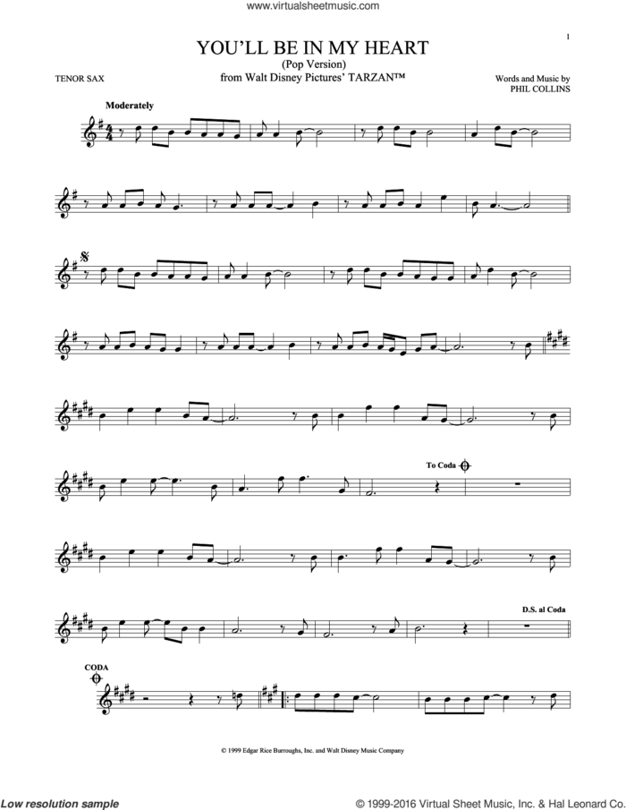 You'll Be In My Heart (Pop Version) (from Tarzan) sheet music for tenor saxophone solo by Phil Collins, intermediate skill level
