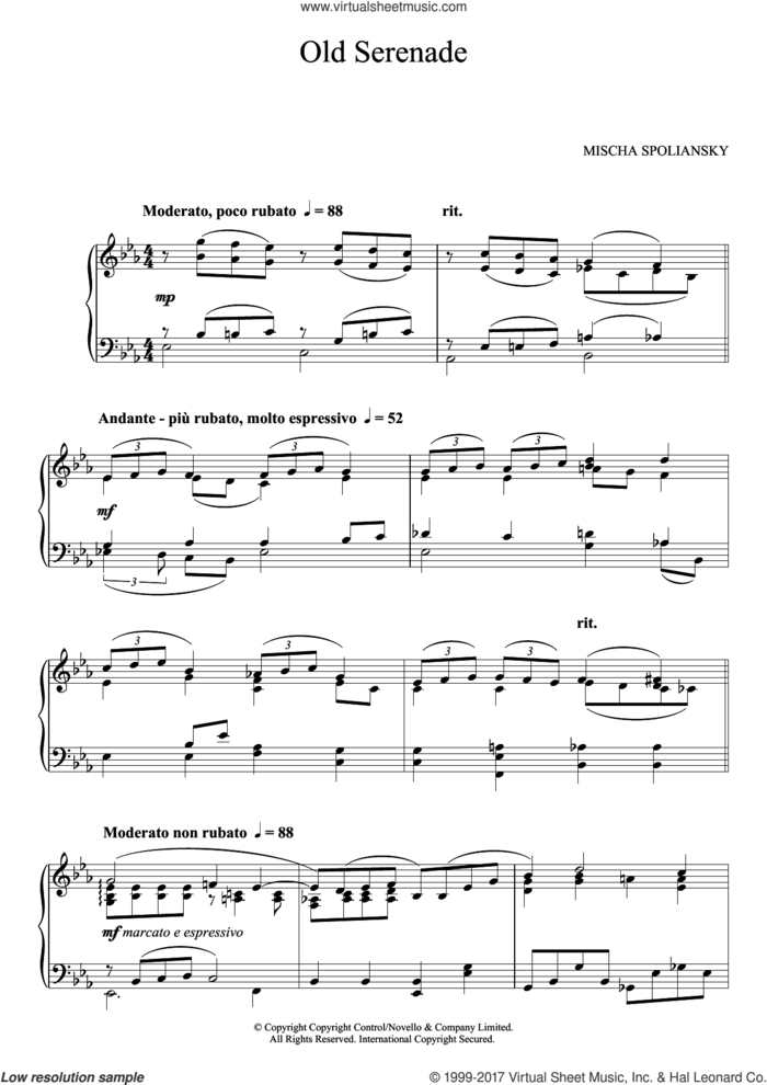 Old Serenade sheet music for piano solo by Mischa Spoliansky, classical score, intermediate skill level