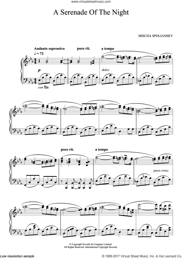 A Serenade Of The Night sheet music for piano solo by Mischa Spoliansky, classical score, intermediate skill level