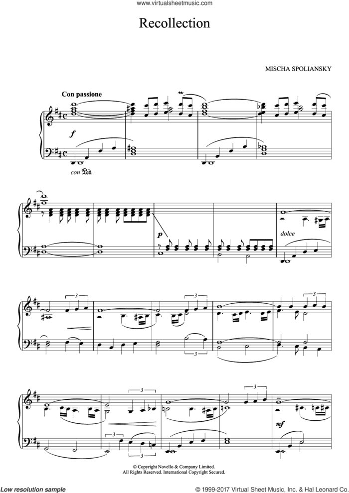 Recollection sheet music for piano solo by Mischa Spoliansky, classical score, intermediate skill level