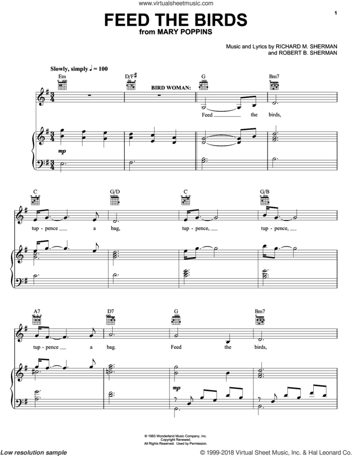 Feed The Birds (Tuppence A Bag) (from Mary Poppins: The Musical) sheet music for voice, piano or guitar by Sherman Brothers, Mary Poppins (Musical), Anthony Drewe, George Stiles, Richard M. Sherman and Robert B. Sherman, intermediate skill level