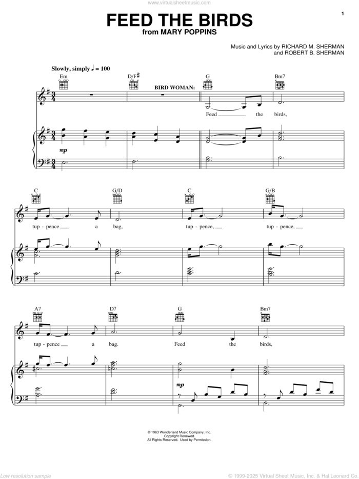 Feed The Birds (Tuppence A Bag) (from Mary Poppins: The Musical) sheet music for voice, piano or guitar by Sherman Brothers, Mary Poppins (Musical), Anthony Drewe, George Stiles, Richard M. Sherman and Robert B. Sherman, intermediate skill level