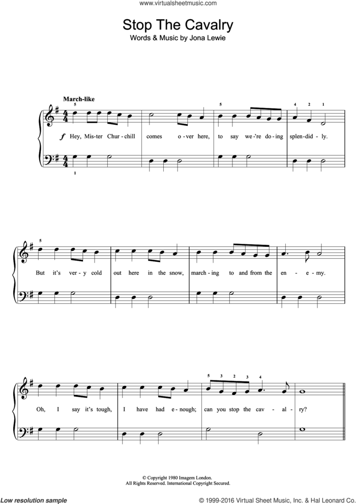 Stop The Cavalry sheet music for piano solo (beginners) by Jona Lewie, beginner piano (beginners)