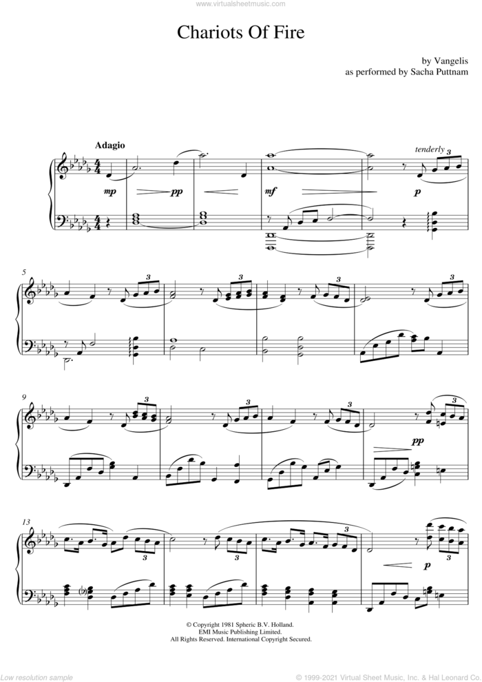 Chariots Of Fire (as performed by Sacha Puttnam) sheet music for piano solo by Vangelis and Sacha Puttnam, intermediate skill level