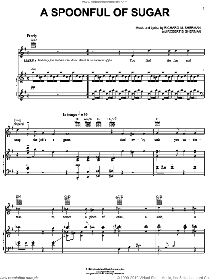 A Spoonful Of Sugar (from Mary Poppins: The Musical) sheet music for voice, piano or guitar by Sherman Brothers, Mary Poppins (Musical), Anthony Drewe, George Stiles, Richard M. Sherman and Robert B. Sherman, intermediate skill level