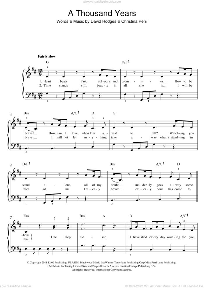 A Thousand Years sheet music for piano solo (beginners) by Christina Perri and David Hodges, wedding score, beginner piano (beginners)