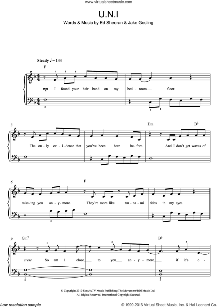 U.N.I sheet music for piano solo (beginners) by Ed Sheeran and Jake Gosling, beginner piano (beginners)