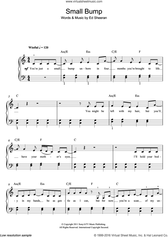 Small Bump sheet music for piano solo (beginners) by Ed Sheeran, beginner piano (beginners)