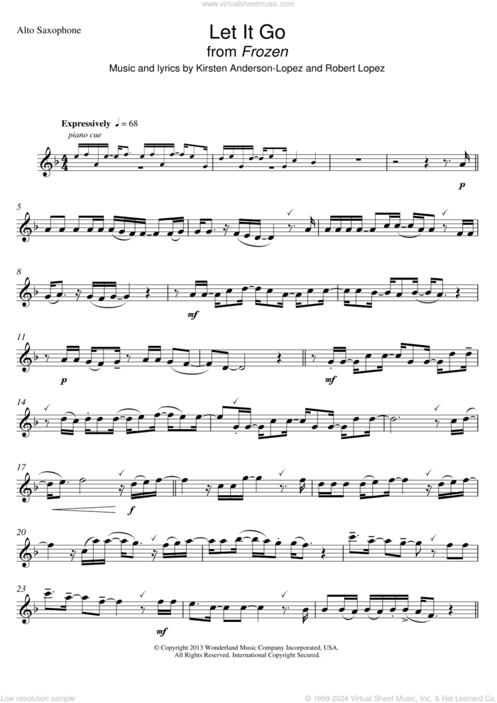 Let It Go (from Frozen) sheet music for alto saxophone solo by Idina Menzel, Kristen Anderson-Lopez and Robert Lopez, intermediate skill level