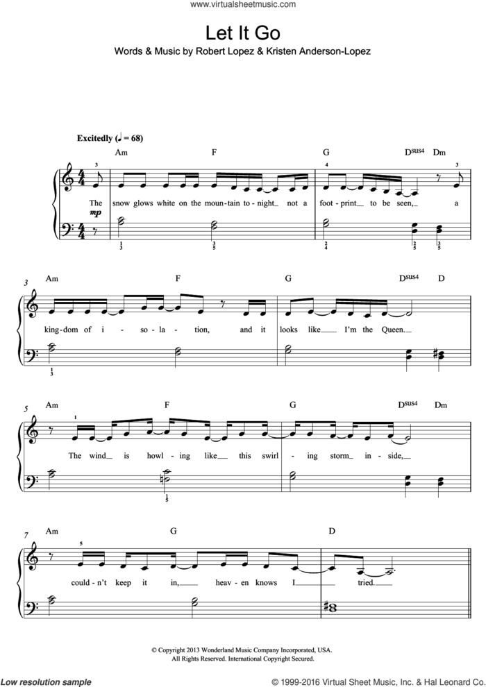 Let It Go (from Frozen) sheet music for piano solo (beginners) by Idina Menzel, Kristen Anderson-Lopez and Robert Lopez, beginner piano (beginners)