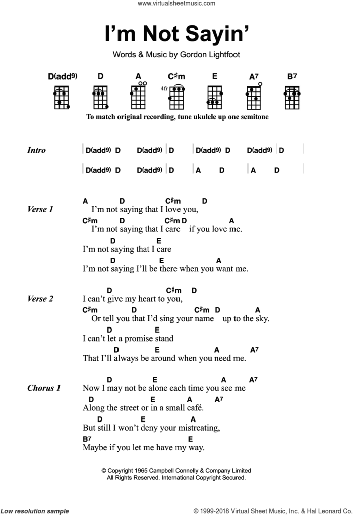 I'm Not Sayin' sheet music for ukulele by Gordon Lightfoot, intermediate skill level