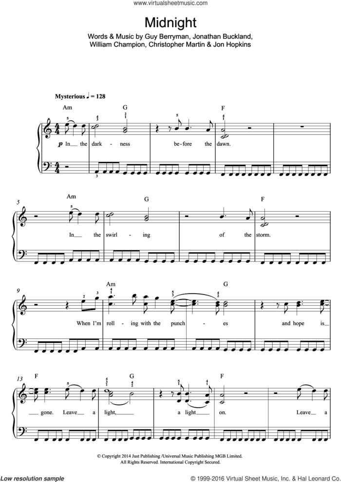Midnight sheet music for piano solo (beginners) by Coldplay, Christopher Martin, Guy Berryman, Jon Hopkins, Jonathan Buckland and William Champion, beginner piano (beginners)