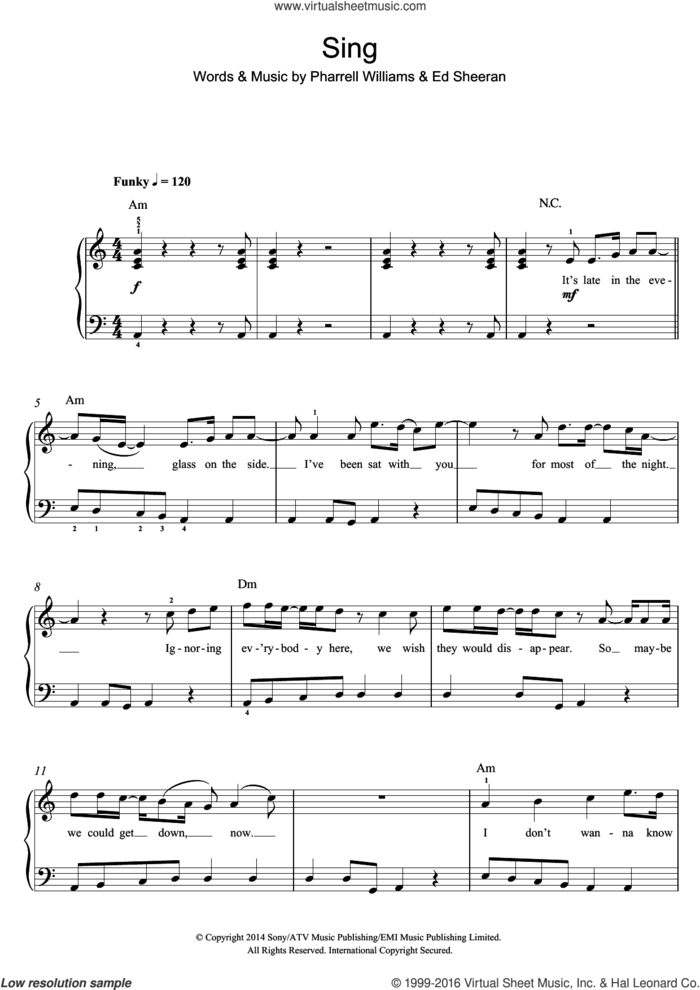 Sing sheet music for piano solo (beginners) by Ed Sheeran and Pharrell Williams, beginner piano (beginners)