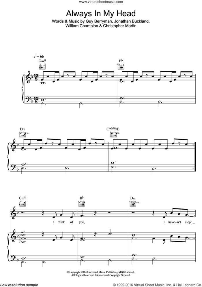 Always In My Head sheet music for voice, piano or guitar by Coldplay, Christopher Martin, Guy Berryman, Jonathan Buckland and William Champion, intermediate skill level