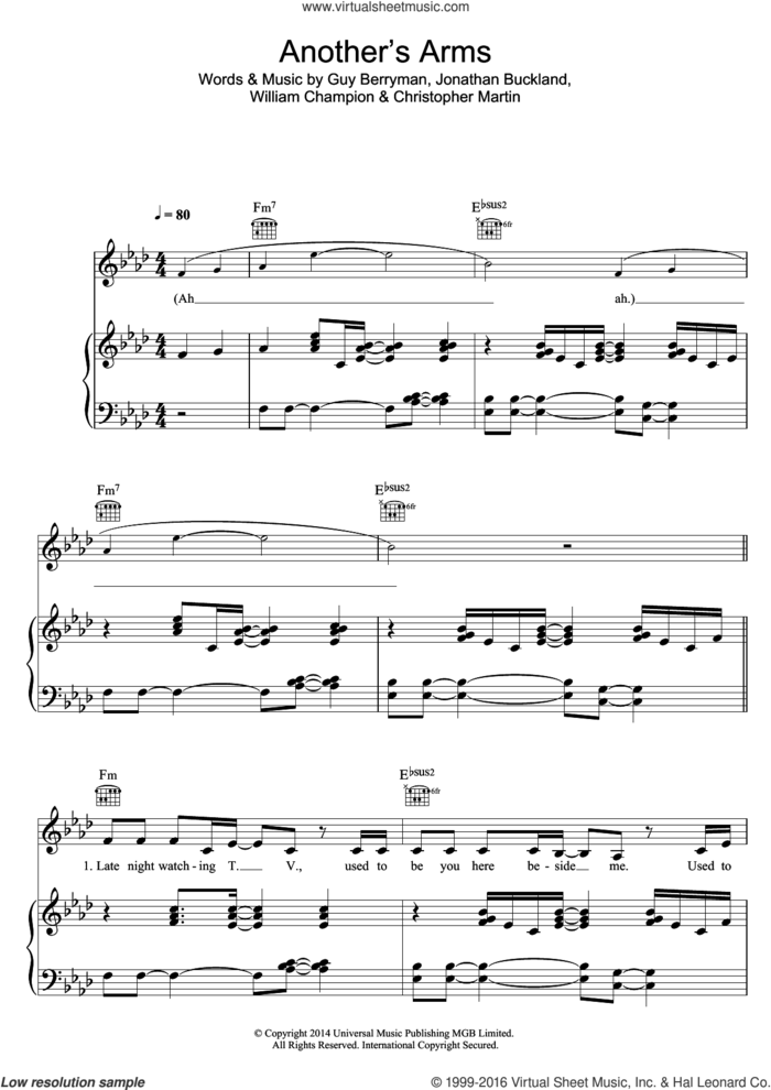 Another's Arms sheet music for voice, piano or guitar by Coldplay, Christopher Martin, Guy Berryman, Jonathan Buckland and William Champion, intermediate skill level