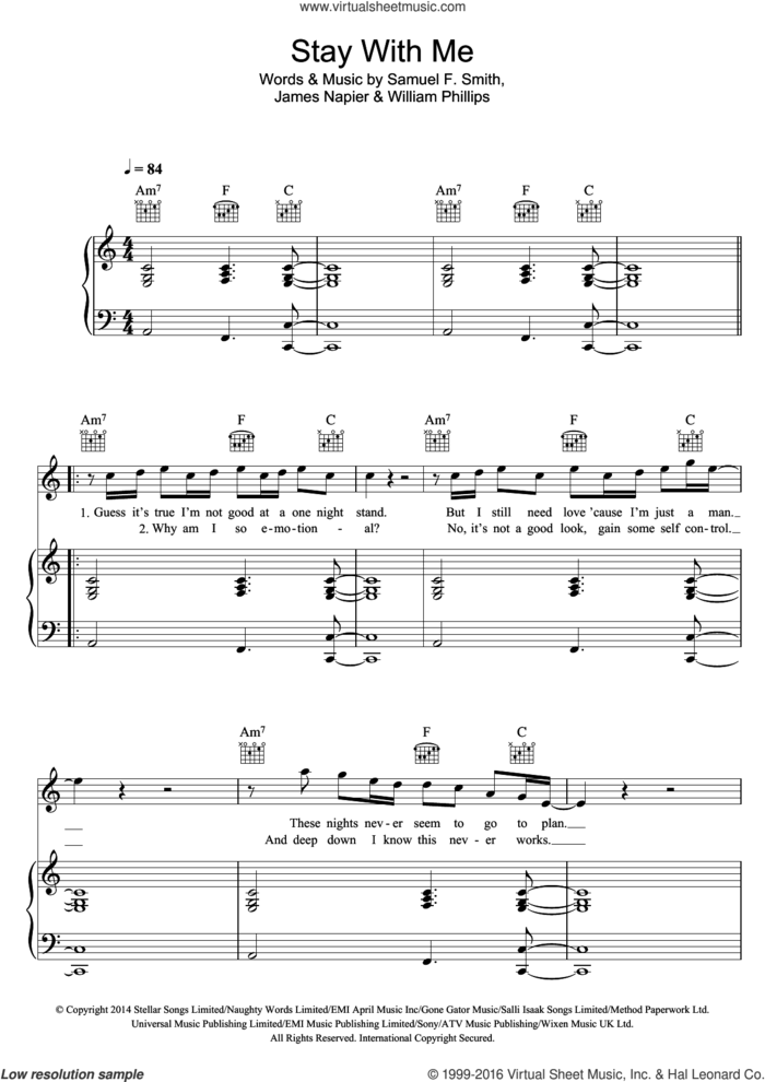 Stay With Me sheet music for voice, piano or guitar by Sam Smith, James Napier, Samuel F. Smith and William Phillips, intermediate skill level