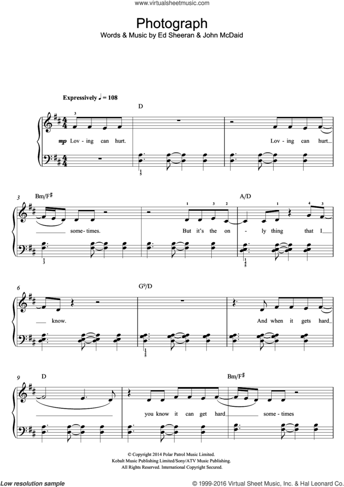 Photograph sheet music for piano solo (beginners) by Ed Sheeran and John McDaid, beginner piano (beginners)