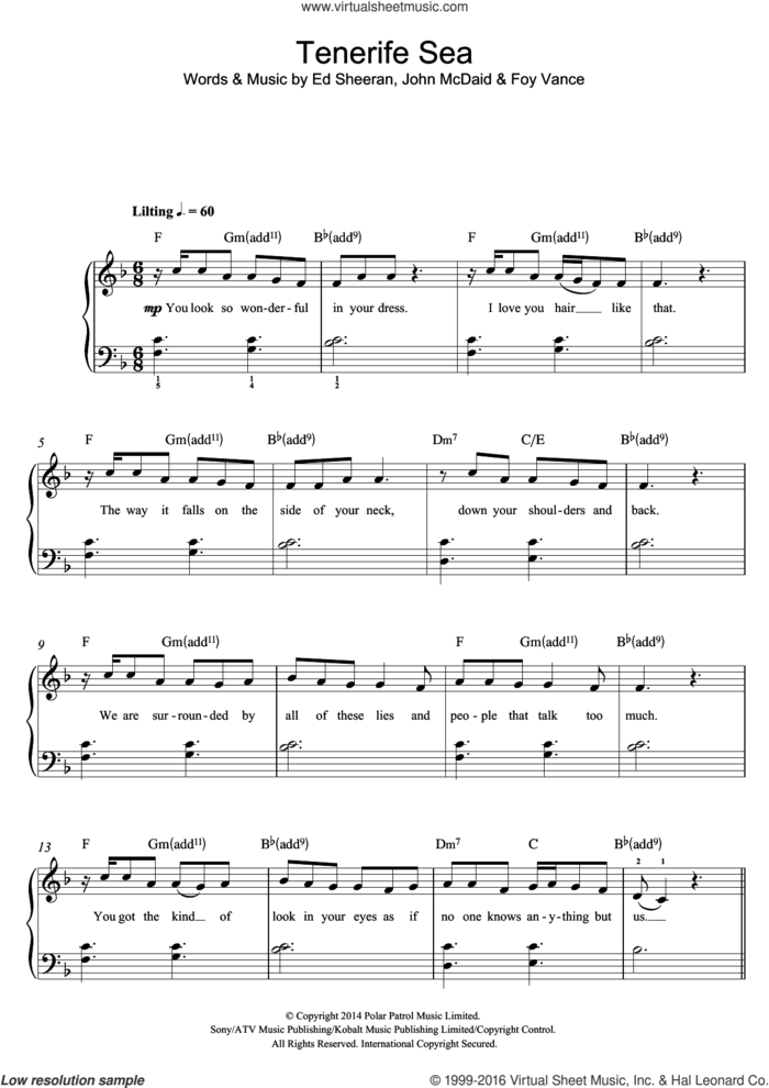 Tenerife Sea sheet music for piano solo (beginners) by Ed Sheeran, Foy Vance and John McDaid, beginner piano (beginners)