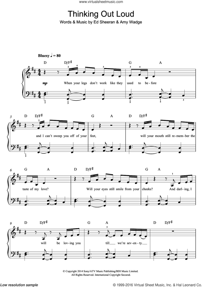Thinking Out Loud sheet music for piano solo (beginners) by Ed Sheeran and Amy Wadge, wedding score, beginner piano (beginners)