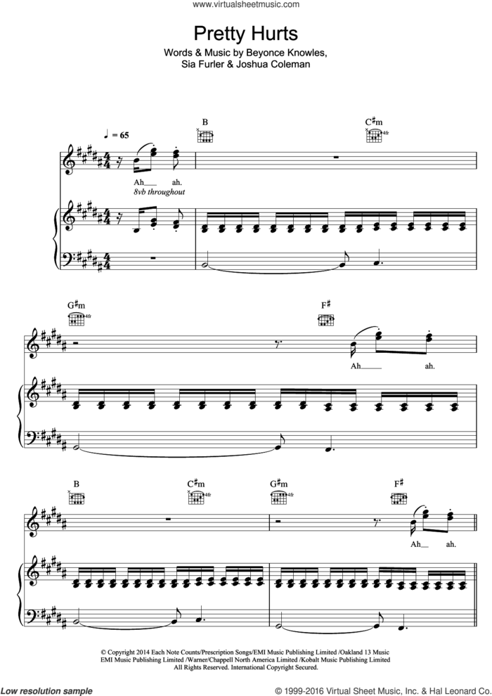 Pretty Hurts sheet music for voice, piano or guitar by Beyonce, Beyonce Knowles, Beyonce, Joshua Coleman and Sia Furler, intermediate skill level
