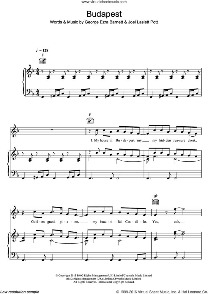Budapest sheet music for voice, piano or guitar by George Ezra, George Ezra Barnett and Joel Laslett Pott, intermediate skill level
