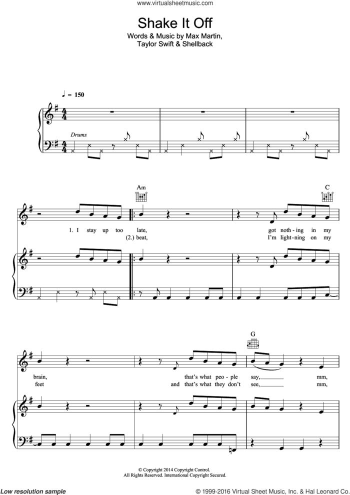 Shake It Off sheet music for voice, piano or guitar by Taylor Swift, Max Martin and Shellback, intermediate skill level