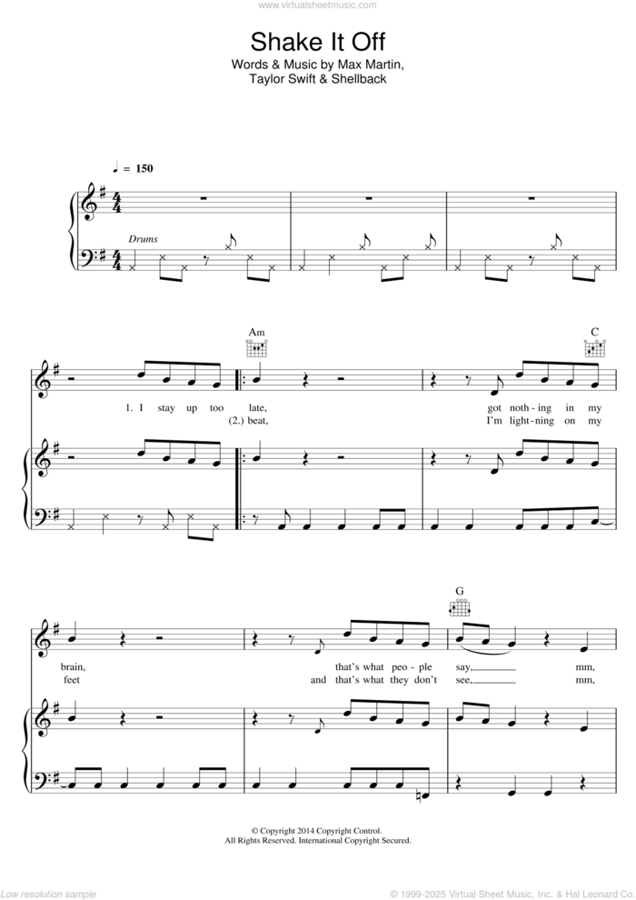 Shake It Off sheet music for voice, piano or guitar by Taylor Swift, Max Martin and Shellback, intermediate skill level