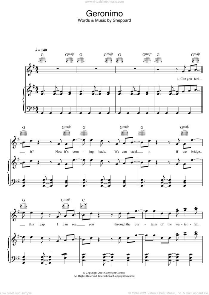Geronimo sheet music for voice, piano or guitar by Sheppard, intermediate skill level