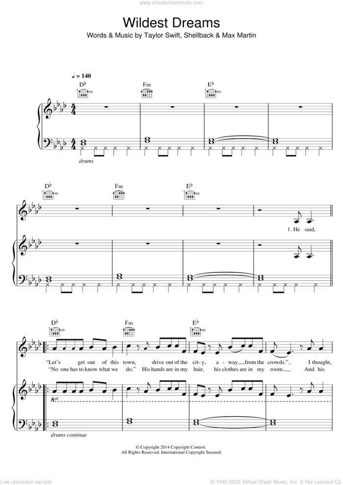 Wildest Dreams sheet music for voice, piano or guitar by Taylor Swift, Max Martin and Shellback, intermediate skill level