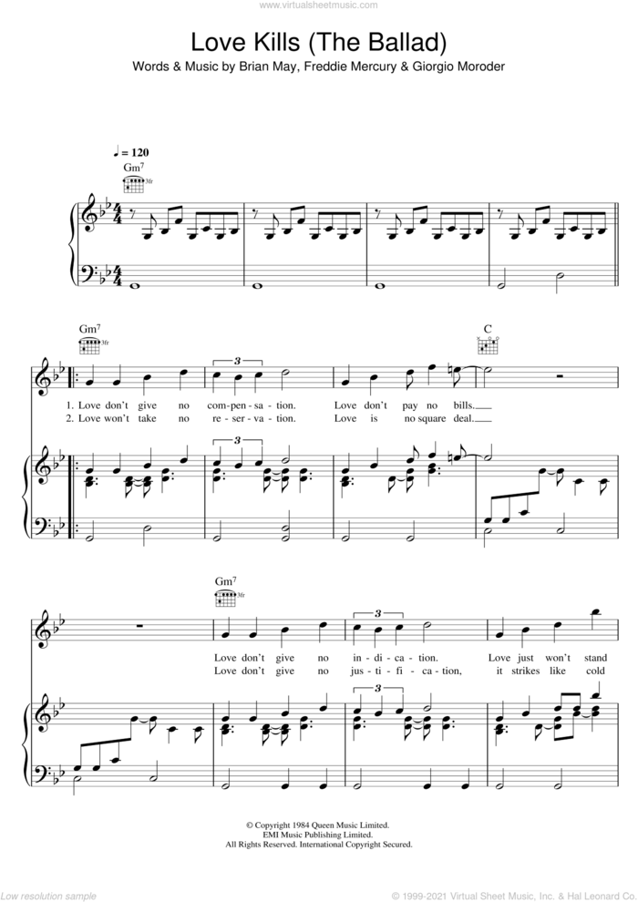 Love Kills (The Ballad) sheet music for voice, piano or guitar by Queen, Brian May, Freddie Mercury and Giorgio Moroder, intermediate skill level