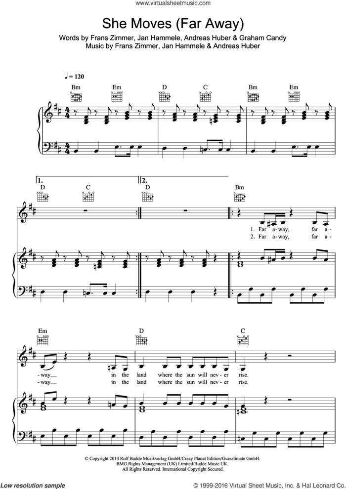 She Moves (Far Away) sheet music for voice, piano or guitar by Alle Farben, Andreas Huber, Frans Zimmer, Graham Candy and Jan Hammele, intermediate skill level