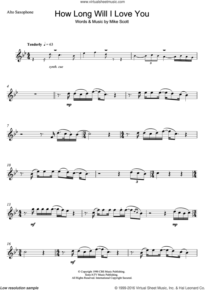 How Long Will I Love You sheet music for alto saxophone solo by Ellie Goulding and Mike Scott, intermediate skill level