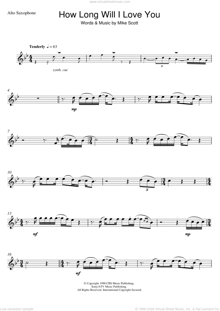 How Long Will I Love You sheet music for alto saxophone solo by Ellie Goulding and Mike Scott, intermediate skill level