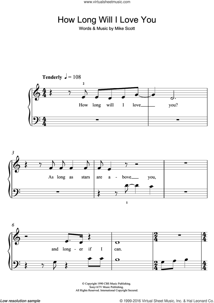 How Long Will I Love You sheet music for piano solo (5-fingers) by Ellie Goulding and Mike Scott, beginner piano (5-fingers)