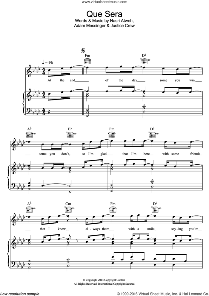 Que Sera sheet music for voice, piano or guitar by Justice Crew, Adam Messinger and Nasri Atweh, intermediate skill level