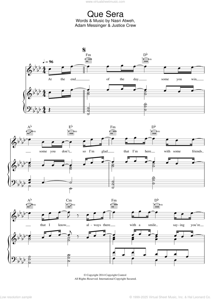 Que Sera sheet music for voice, piano or guitar by Justice Crew, Adam Messinger and Nasri Atweh, intermediate skill level