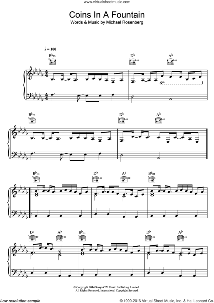 Coins In A Fountain sheet music for voice, piano or guitar by Passenger and Michael Rosenberg, intermediate skill level