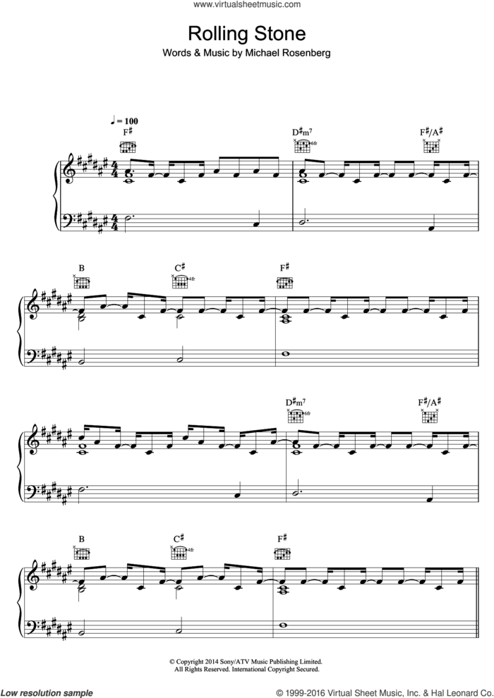 Rolling Stone sheet music for voice, piano or guitar by Passenger and Michael Rosenberg, intermediate skill level