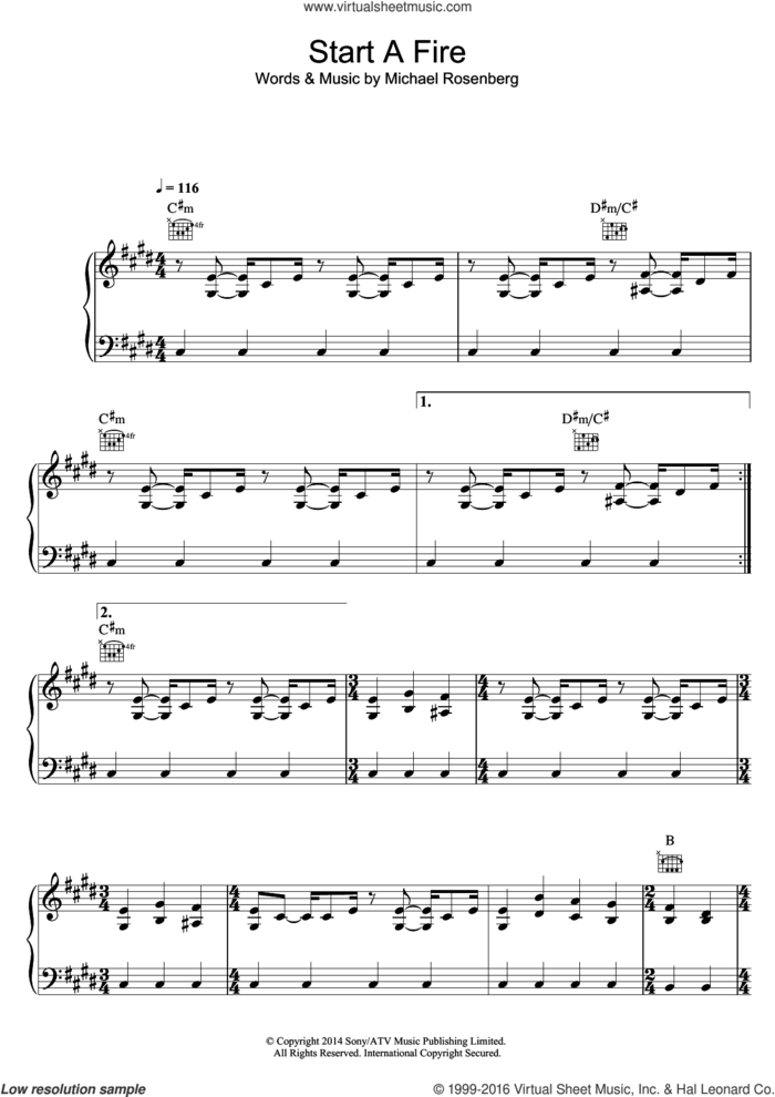 Start A Fire sheet music for voice, piano or guitar by Passenger and Michael Rosenberg, intermediate skill level