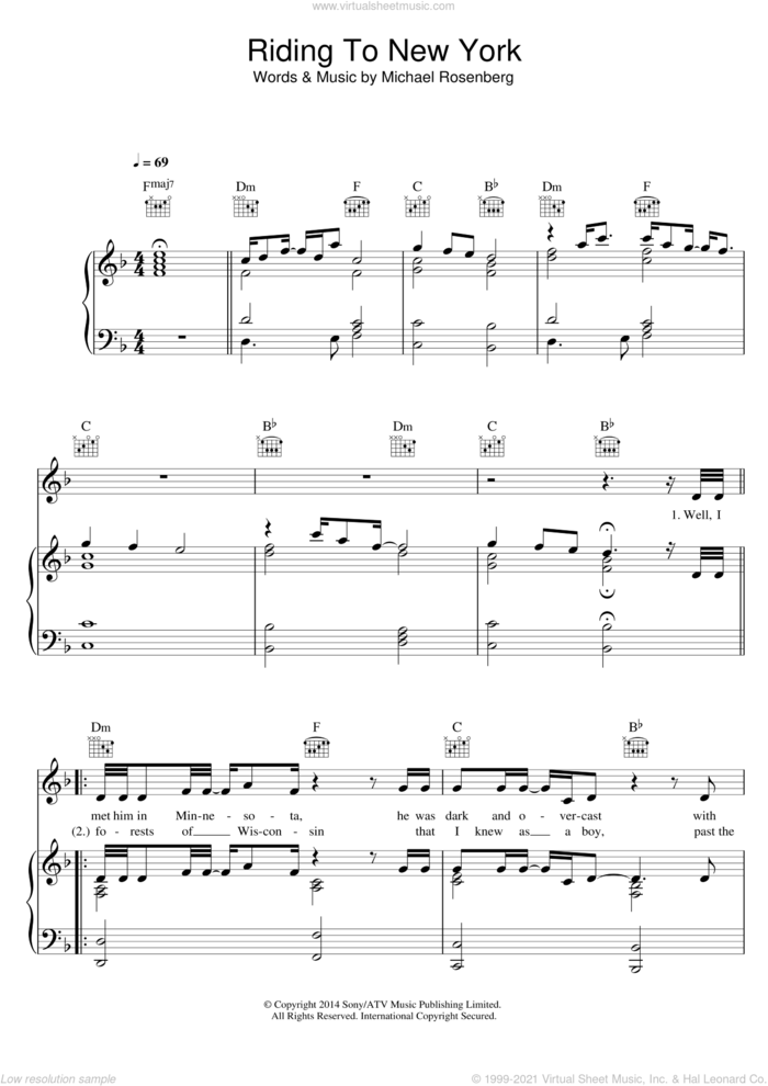 Riding To New York sheet music for voice, piano or guitar by Passenger and Michael Rosenberg, intermediate skill level