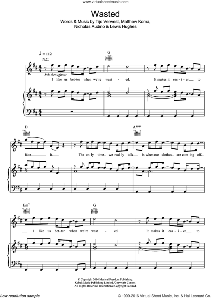 Wasted (featuring Matthew Koma) sheet music for voice, piano or guitar by Tiesto, Lewis Hughes, Matthew Koma, Nicholas Audino and Tijs Verwest, intermediate skill level