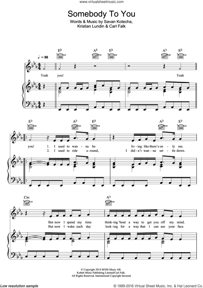 Somebody To You (featuring Demi Lovato) sheet music for voice, piano or guitar by The Vamps, Demi Lovato, Carl Falk, Kristian Lundin and Savan Kotecha, intermediate skill level