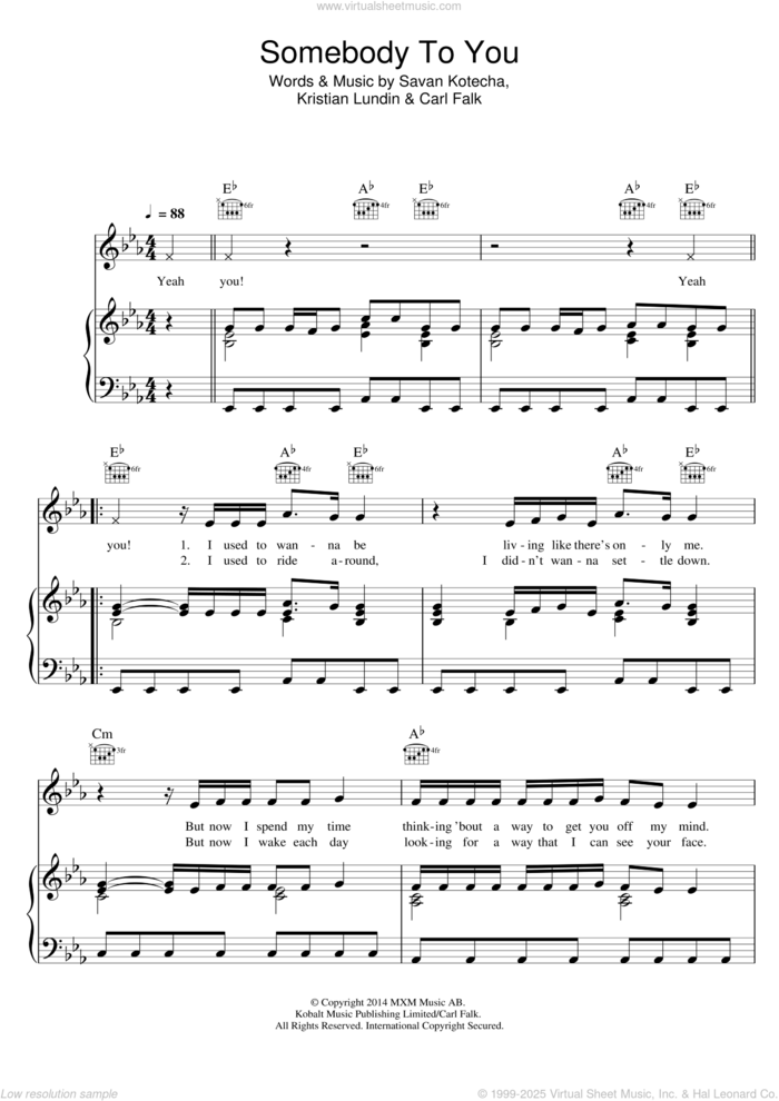 Somebody To You (featuring Demi Lovato) sheet music for voice, piano or guitar by The Vamps, Demi Lovato, Carl Falk, Kristian Lundin and Savan Kotecha, intermediate skill level