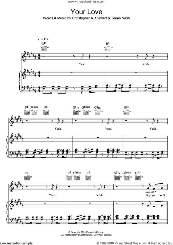 Your Love sheet music for voice, piano or guitar by Nicole Scherzinger, Christopher A. Stewart and Terius Nash, intermediate skill level